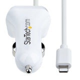 StarTech.com Lightning Car Charger with Coiled Cable, 1m Coiled Lightning Cable, 12W, White, 2 Port USB Car Charger Adapter for Phones and Tablets, Dual Device In Car iPhone Charger
