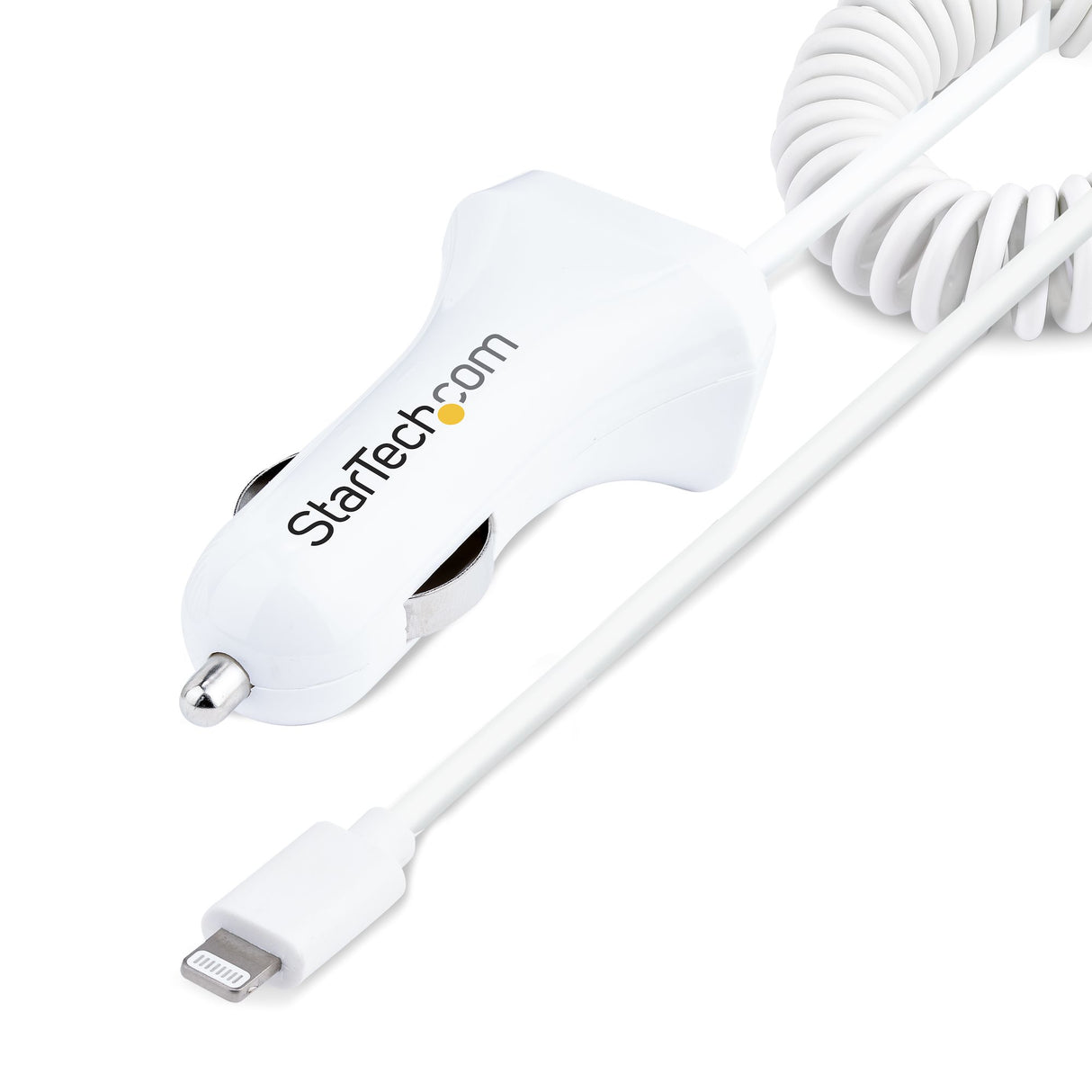 StarTech.com Lightning Car Charger with Coiled Cable, 1m Coiled Lightning Cable, 12W, White, 2 Port USB Car Charger Adapter for Phones and Tablets, Dual Device In Car iPhone Charger