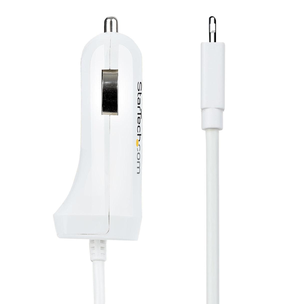 StarTech.com Lightning Car Charger with Coiled Cable, 1m Coiled Lightning Cable, 12W, White, 2 Port USB Car Charger Adapter for Phones and Tablets, Dual Device In Car iPhone Charger
