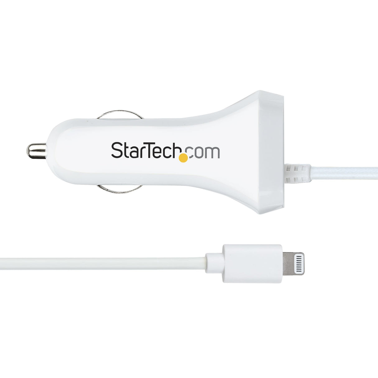 StarTech.com Lightning Car Charger with Coiled Cable, 1m Coiled Lightning Cable, 12W, White, 2 Port USB Car Charger Adapter for Phones and Tablets, Dual Device In Car iPhone Charger