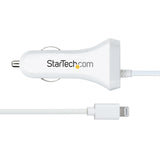 StarTech.com Lightning Car Charger with Coiled Cable, 1m Coiled Lightning Cable, 12W, White, 2 Port USB Car Charger Adapter for Phones and Tablets, Dual Device In Car iPhone Charger