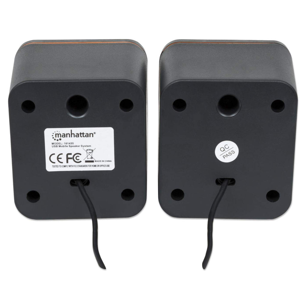 Manhattan 2600 Series Speaker System, Small Size, Big Sound, Two Speakers, Stereo, USB power, Output: 2x 3W, 3.5mm plug for sound, In-Line volume control, Cable 0.9m, Black, Three Year Warranty