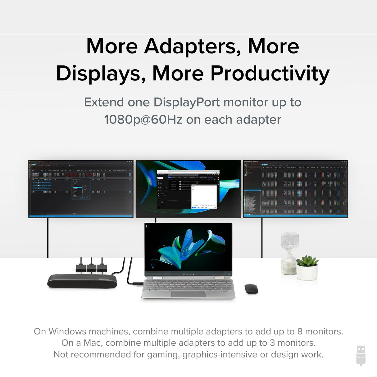 Plugable Technologies USB to DisplayPort Adapter. Connect one or more to any Mac or Windows System to add extra displays up to 1920x1080 60hz. USB C and A