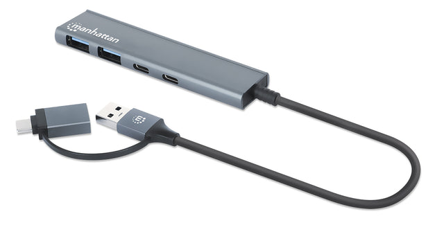 Manhattan USB-C & USB-A Combo Dock/Hub, Ports (4): USB-A (x2) and USB-C (x2), 5 Gbps (USB 3.2 Gen1 aka USB 3.0), USB powered (no external power supply required), Aluminium
