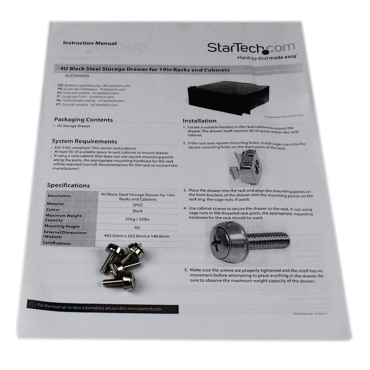StarTech.com 4U Rack Mount Drawer - 55 lb (25 kg) - 4U Steel Storage Rack Drawer for 19" AV / Sever / Network Equipment Rack or Cabinet