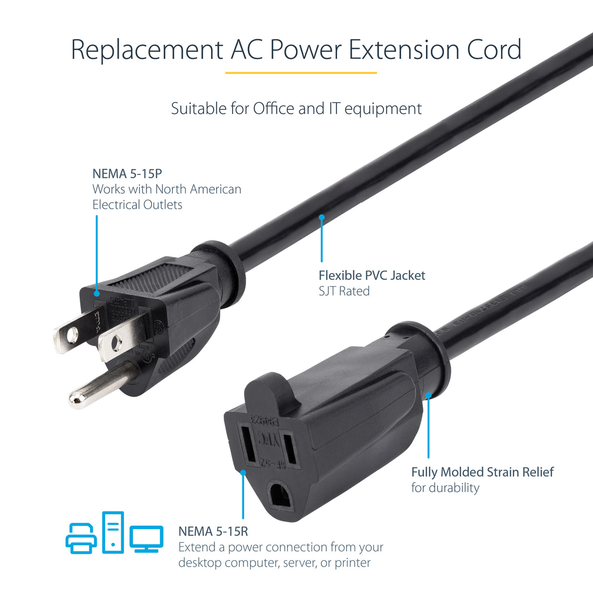 StarTech.com 1ft (30cm) Short Extension Cord, NEMA 5-15R to NEMA 5-15P Black Extension Cord, 13A 125V, 16AWG, Outlet Extension Power Cable, NEMA 5-15R to NEMA 5-15P AC Computer Power Cord - UL Listed
