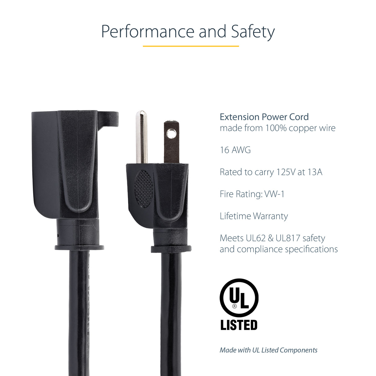 StarTech.com 1ft (30cm) Short Extension Cord, NEMA 5-15R to NEMA 5-15P Black Extension Cord, 13A 125V, 16AWG, Outlet Extension Power Cable, NEMA 5-15R to NEMA 5-15P AC Computer Power Cord - UL Listed
