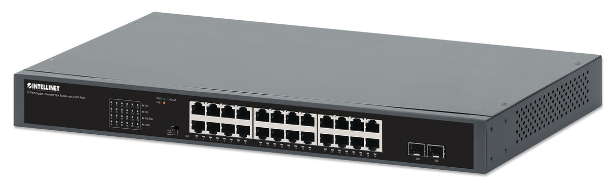 Intellinet 24-Port Gigabit Ethernet PoE+ Switch with 2 SFP Ports IEEE 802.3at/af (PoE+/PoE) Compliant, 370 W PoE Power Budget, Two 1G SFP Open Slots, Self-Healing Network, 19" Rackmount
