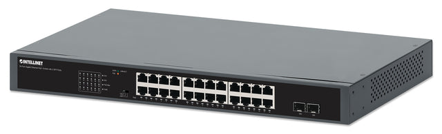 Intellinet 24-Port Gigabit Ethernet PoE+ Switch with 2 SFP Ports IEEE 802.3at/af (PoE+/PoE) Compliant, 370 W PoE Power Budget, Two 1G SFP Open Slots, Self-Healing Network, 19" Rackmount