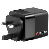 Verbatim GaN Charger 65W 2 Port retractable cable display US plugs with EU and UK adaptors