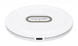 Manhattan Smartphone Wireless Charging Pad, Up to 15W charging (depends on device), QI certified, USB-C to USB-A cable included, USB-C input into pad, Cable 80cm, White, Three Year Warranty
