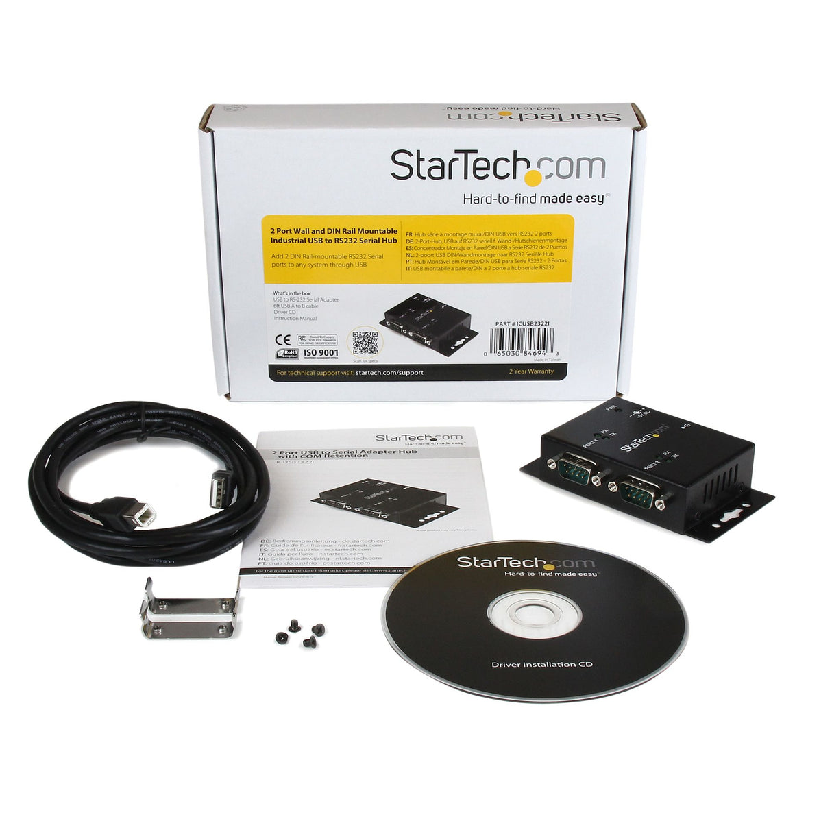 StarTech.com 2 Port Industrial Wall Mountable USB to Serial Adapter Hub with DIN Rail Clips - TAA