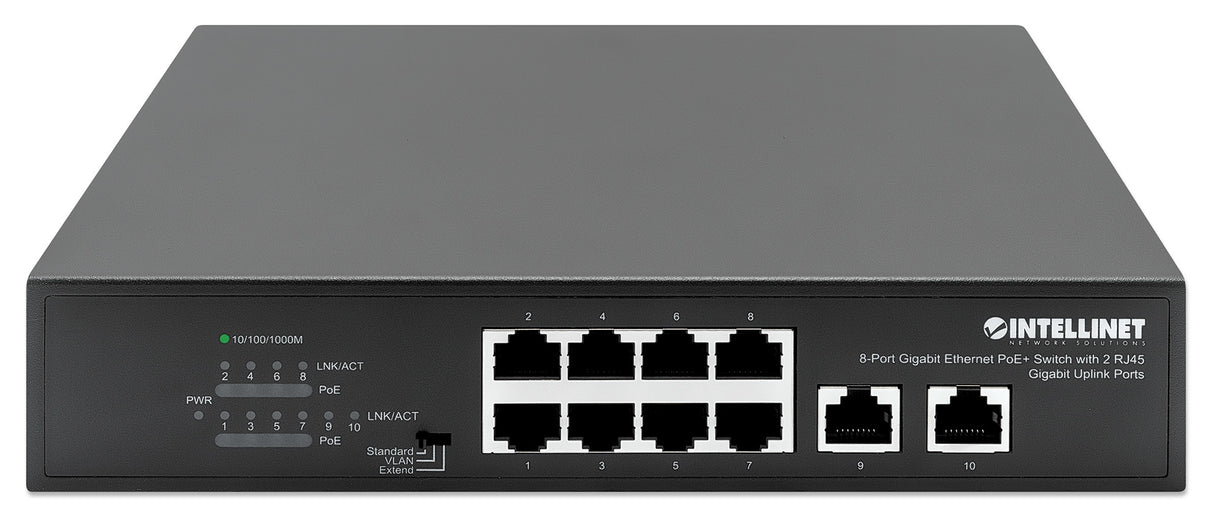 Intellinet 8-Port Gigabit Ethernet PoE+ Switch with 2 RJ45 Gigabit Uplink Ports, IEEE 802.3at/af Power over Ethernet (PoE+/PoE) Compliant, 120 W, Endspan, Desktop (WITH C14 2 PIN POWER CORD)