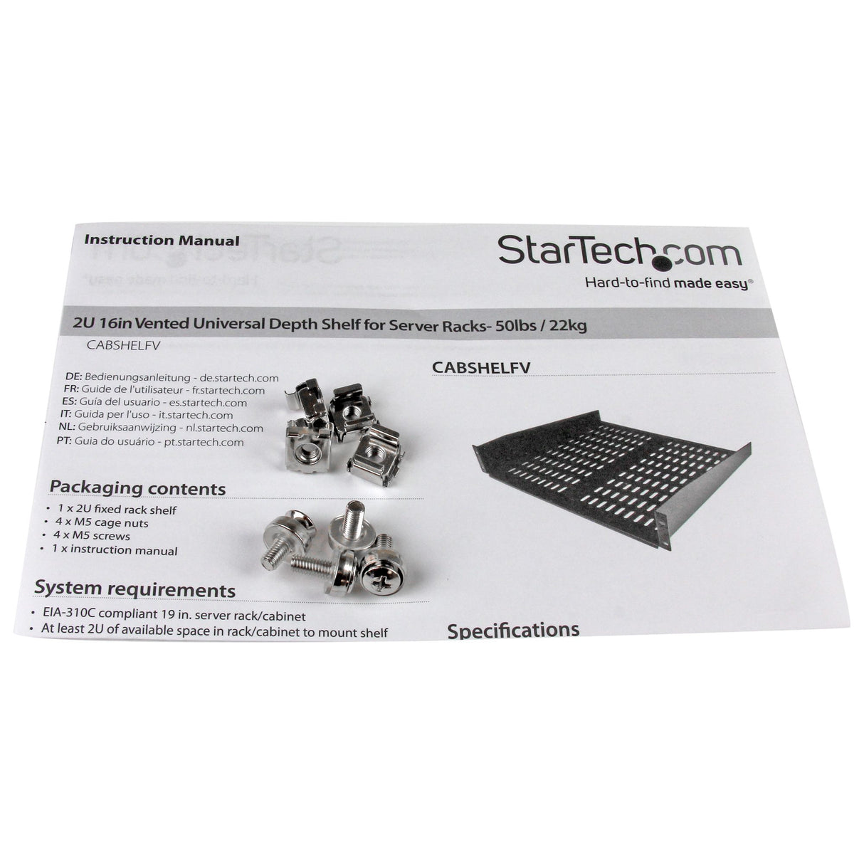 StarTech.com 2U Server Rack Shelf - Universal Vented Rack Mount Cantilever Tray for 19" Network Equipment Rack & Cabinet - Heavy Duty Steel - Weight Capacity 50lb/23kg - 16" Deep Shelf, Black - TAA