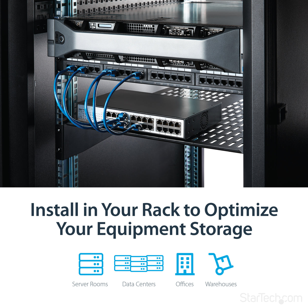 StarTech.com 2U Server Rack Shelf - Universal Vented Rack Mount Cantilever Tray for 19" Network Equipment Rack & Cabinet - Heavy Duty Steel – Weight Capacity 50lb/23kg - 22" Deep Shelf, Black