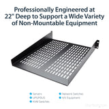 StarTech.com 2U Server Rack Shelf - Universal Vented Rack Mount Cantilever Tray for 19" Network Equipment Rack & Cabinet - Heavy Duty Steel – Weight Capacity 50lb/23kg - 22" Deep Shelf, Black