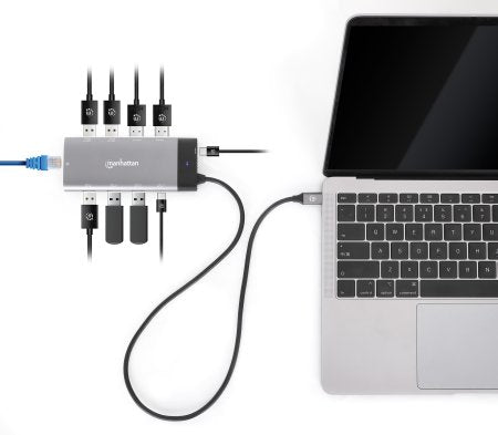 Manhattan USB-C Dock/Hub, Ports (x10): Ethernet, HDMI (x2 8k), USB-A (x5) and USB-C (x2), With Power Delivery (100W) to USB-C Port (Note additional USB-C wall charger and USB-C cable needed), USB 3.2 Gen 2, All Ports can be used at the same time...