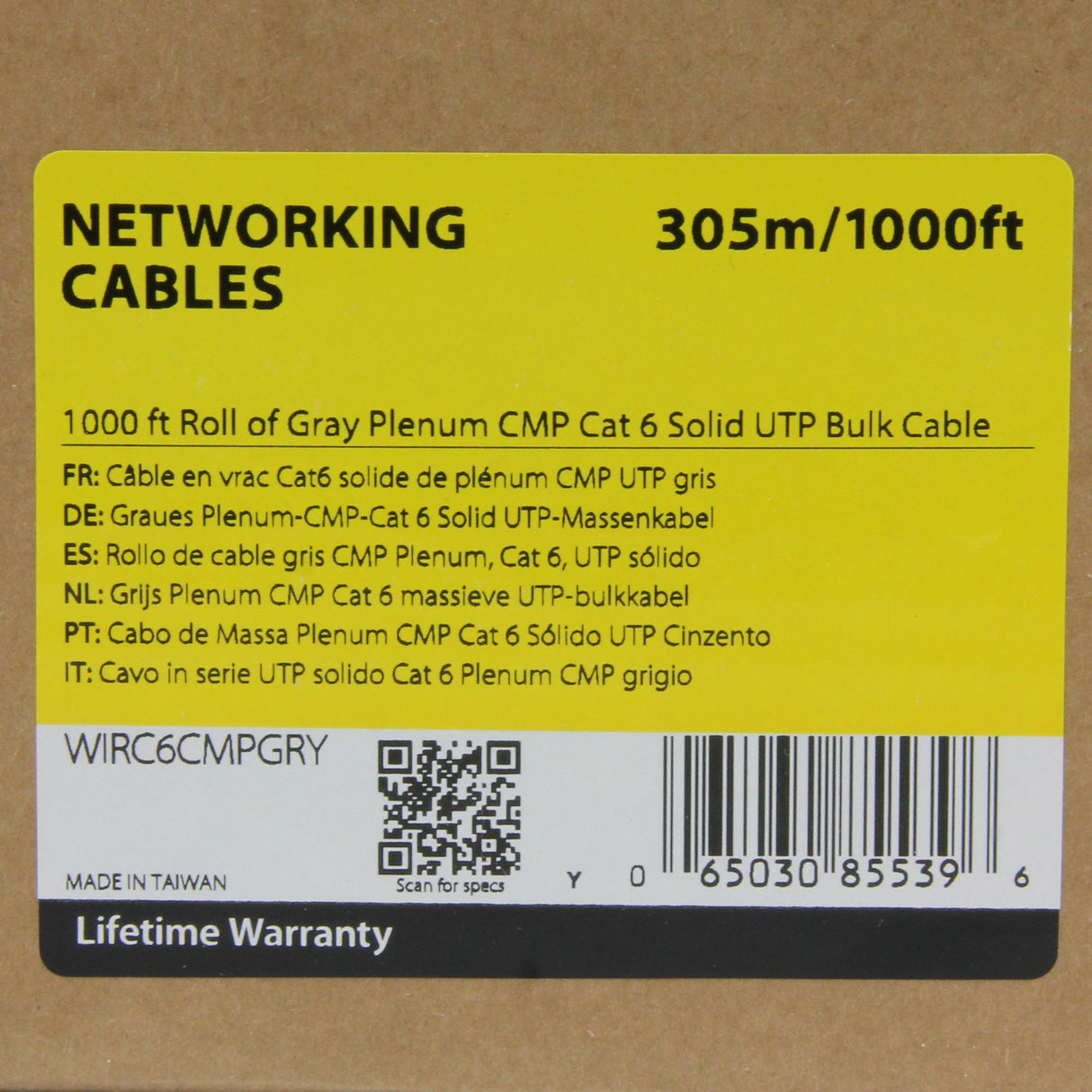 StarTech.com Bulk Cat 6 Ethernet Cable - 1000 ft. - Solid - CMP/FT6 Plenum Fire Rating - ETL Verified - Gray - TAA Compliant