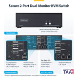StarTech.com Secure 2-Port Dual-Monitor KVM Switch, HDMI or DisplayPort, 4K 60Hz, NIAP 4.0 Desktop KVM, Metal Housing, CAC Port, Made in the USA