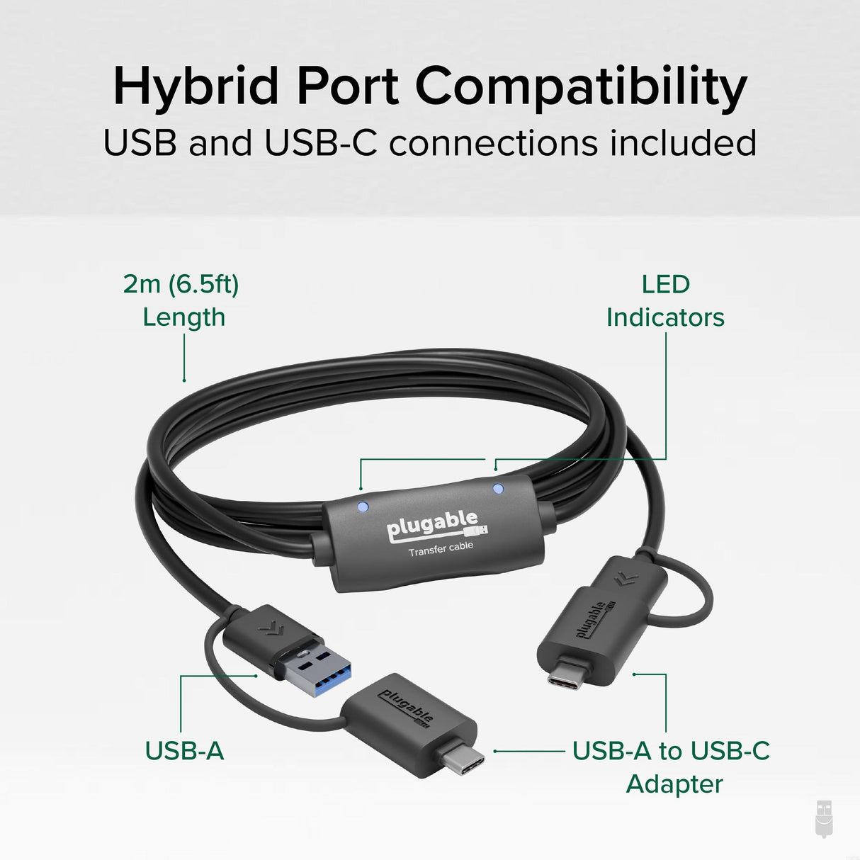 Plugable Technologies USB Data Transfer Cable PC to PC, Compatible with Windows USB C and USB 3.0, Transfer Files to New Computer with Included Bravura Easy Computer Sync Software, 6.6ft (USBC-TRAN)