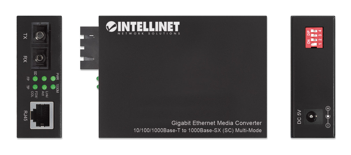 Intellinet Gigabit Ethernet Media Converter 10/100/1000Base-T to 1000Base-SX (SC) Multi-Mode, 550 m (1,800 ft.), Autonegotiation