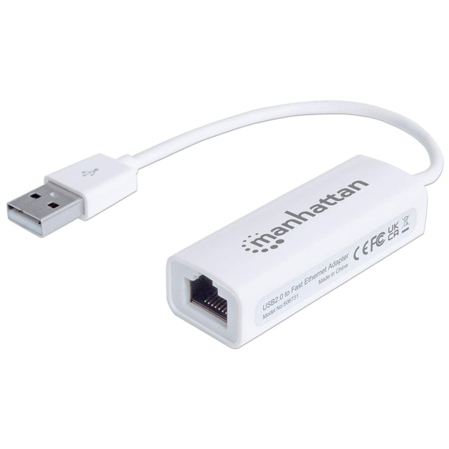 Manhattan USB-A Fast Ethernet Adapter, 10/100 Mbps Network, 480 Mbps (USB 2.0), Hi-Speed USB, RJ45, White, Three Year Warranty