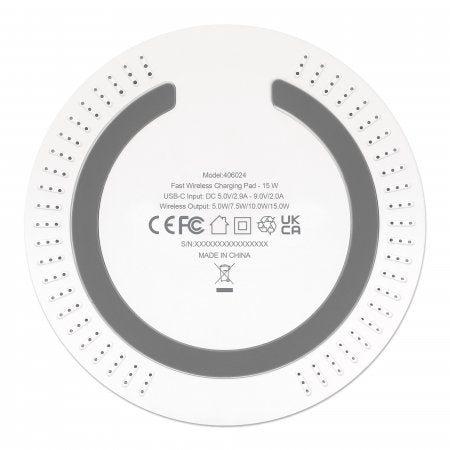 Manhattan Smartphone Wireless Charging Pad, Up to 15W charging (depends on device), QI certified, USB-C to USB-A cable included, USB-C input into pad, Cable 80cm, White, Three Year Warranty