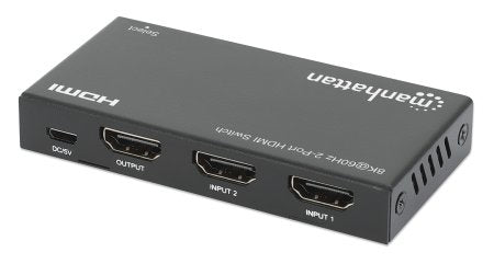 Manhattan HDMI Switch 2-Port, 8K@60Hz, Connects x2 HDMI sources to x1 display, Automatic Switching, Includes Micro-USB to USB-A power cable, Black, Three Year Warranty