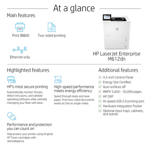 HP LaserJet Enterprise M612dn Black and white Printer, Ethernet Only; Duplex