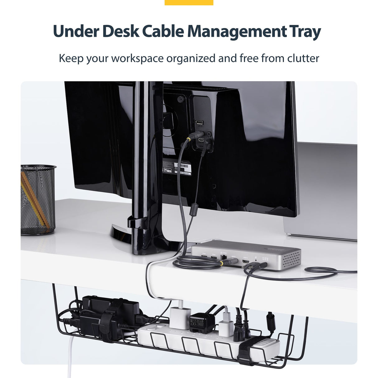 StarTech.com Under Desk Cable Management Tray, 24" Long, Metal Basket Style Cable Organizer, Screw-On Installation, Power Bar Holder, Metal, Black, TAA-Compliant
