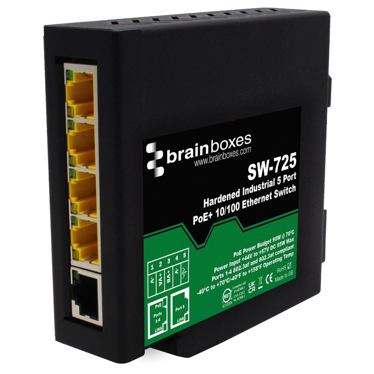 Brainboxes SW-725 network switch Unmanaged Fast Ethernet (10/100) Power over Ethernet (PoE) Black, Green