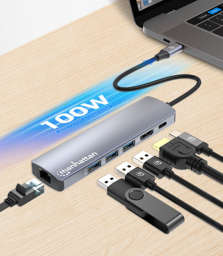 Manhattan USB-C Dock/Hub, Ports (x6): Ethernet, HDMI, USB-A (x3) and USB-C, with Power Delivery (PD) 100W- requires external USB-C charger (not included). USB powered (no external power supply required) when PD is not in use