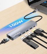 Manhattan USB-C Dock/Hub, Ports (x6): Ethernet, HDMI, USB-A (x3) and USB-C, with Power Delivery (PD) 100W- requires external USB-C charger (not included). USB powered (no external power supply required) when PD is not in use
