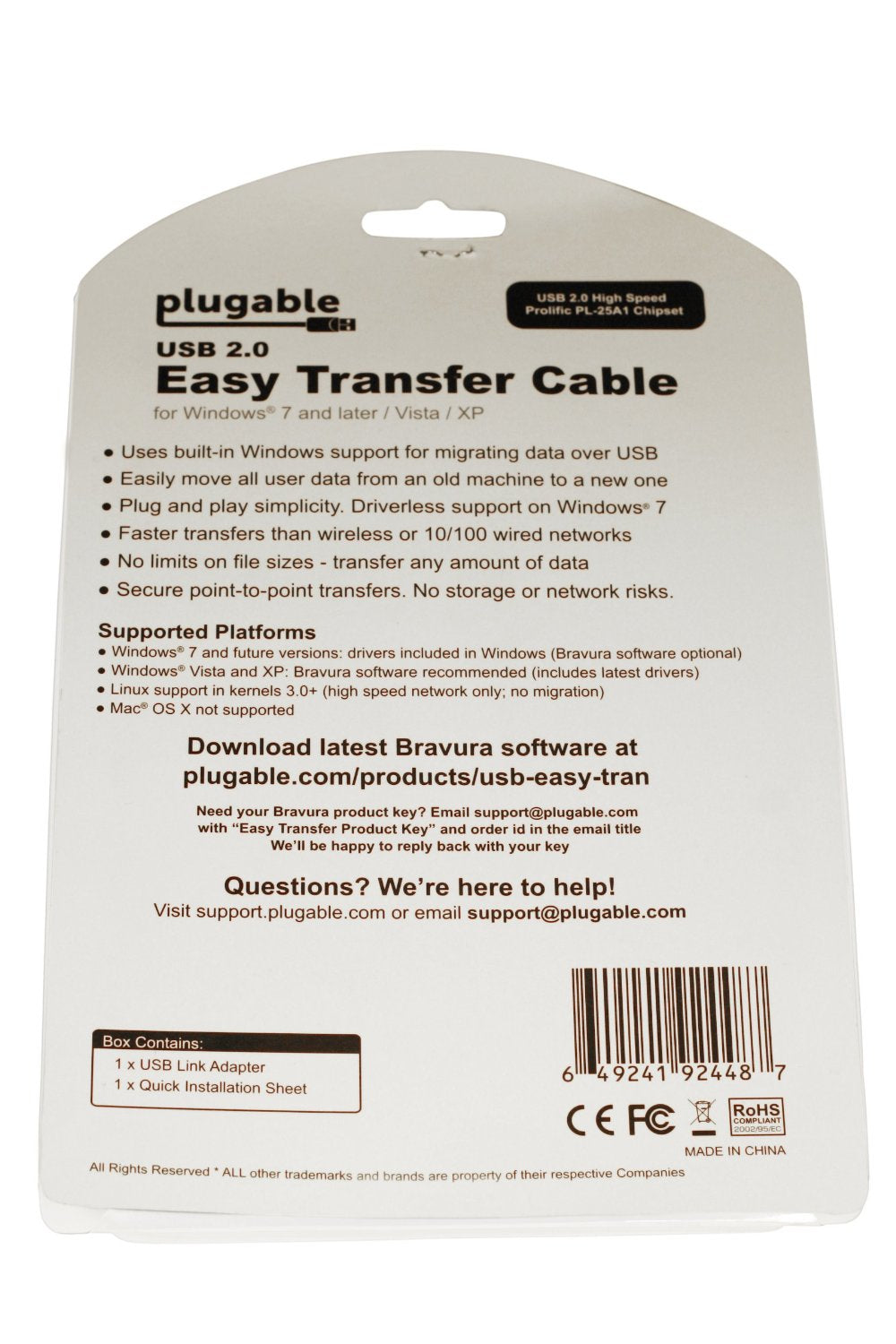 Plugable Technologies USB Transfer Cable, Unlimited Use, Transfer Data Between 2 Windows PC's, Compatible with Windows 11, 10, 7, XP, Bravura Easy Computer Sync Software Included