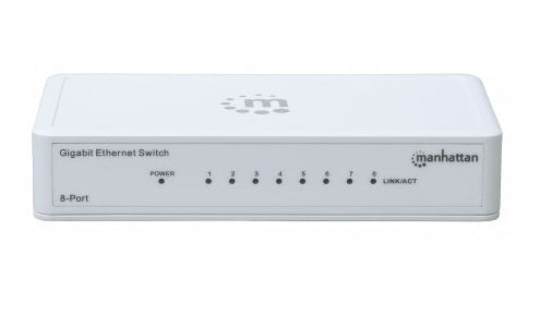 Manhattan 8-Port Gigabit Ethernet Switch, Desktop Size, Plastic, IEEE 802.3az (Energy Efficient Ethernet), Three Year Warranty, Box