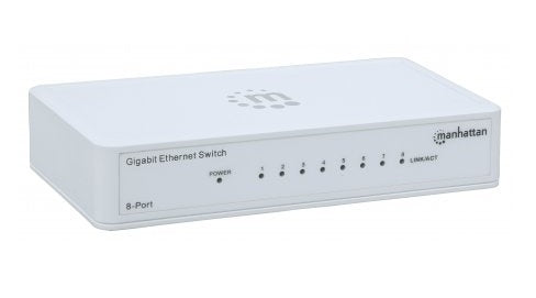 Manhattan 8-Port Gigabit Ethernet Switch, Desktop Size, Plastic, IEEE 802.3az (Energy Efficient Ethernet), Three Year Warranty, Box