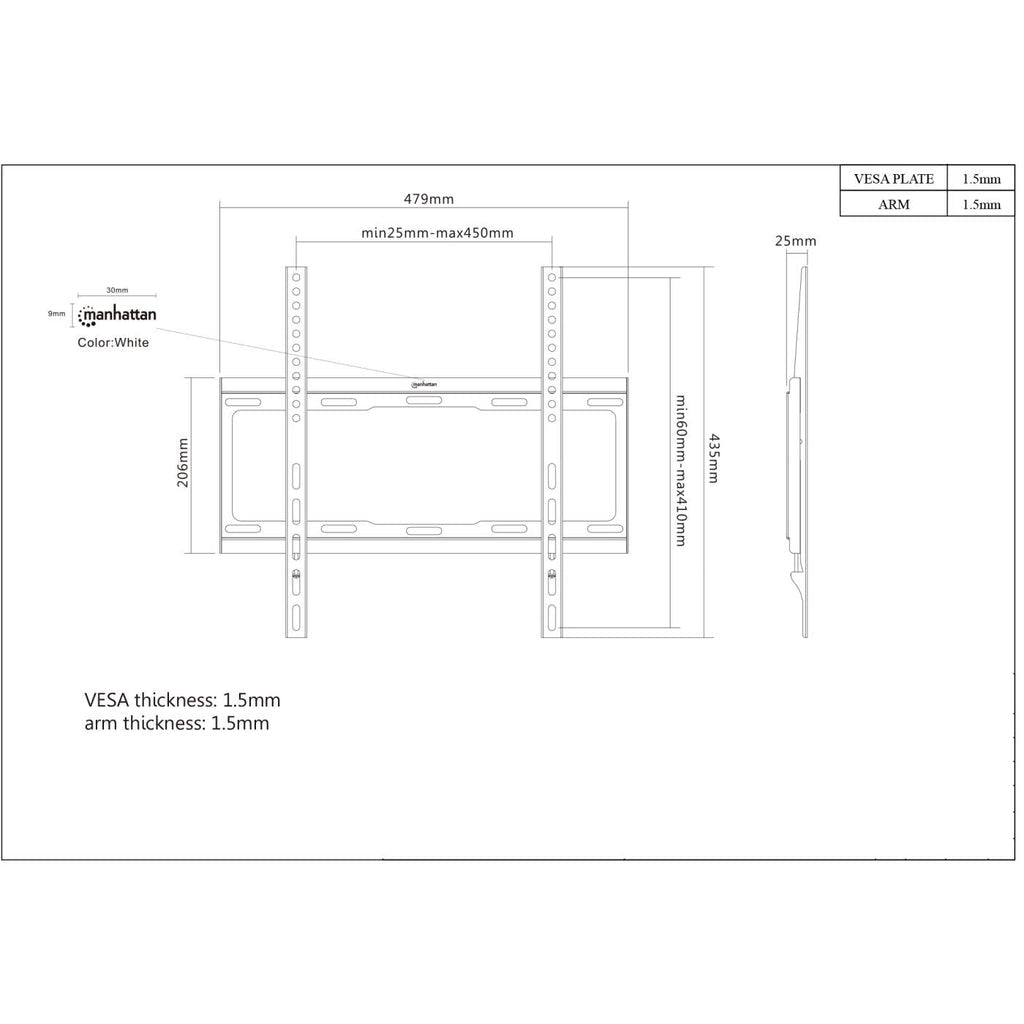 Manhattan TV & Monitor Mount, Wall, Fixed, 1 screen, Screen Sizes: 32-55", Black, VESA 200x200 to 400x400mm, Max 40kg, LFD, Lifetime Warranty