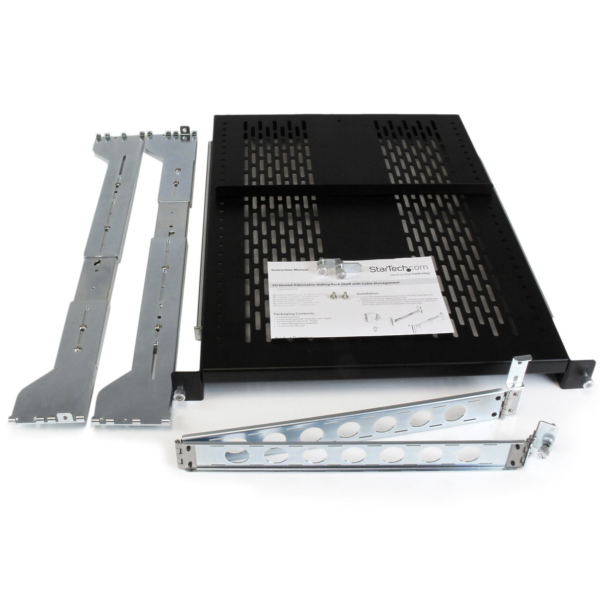 StarTech.com 2U Vented Sliding Server Rack Shelf w/ Cable Management Arm - 27.7 to 31.6in Adjustable Mounting Depth - 50lb - 19" Server Tray Shelf for Equipment Rack - 24in Deep