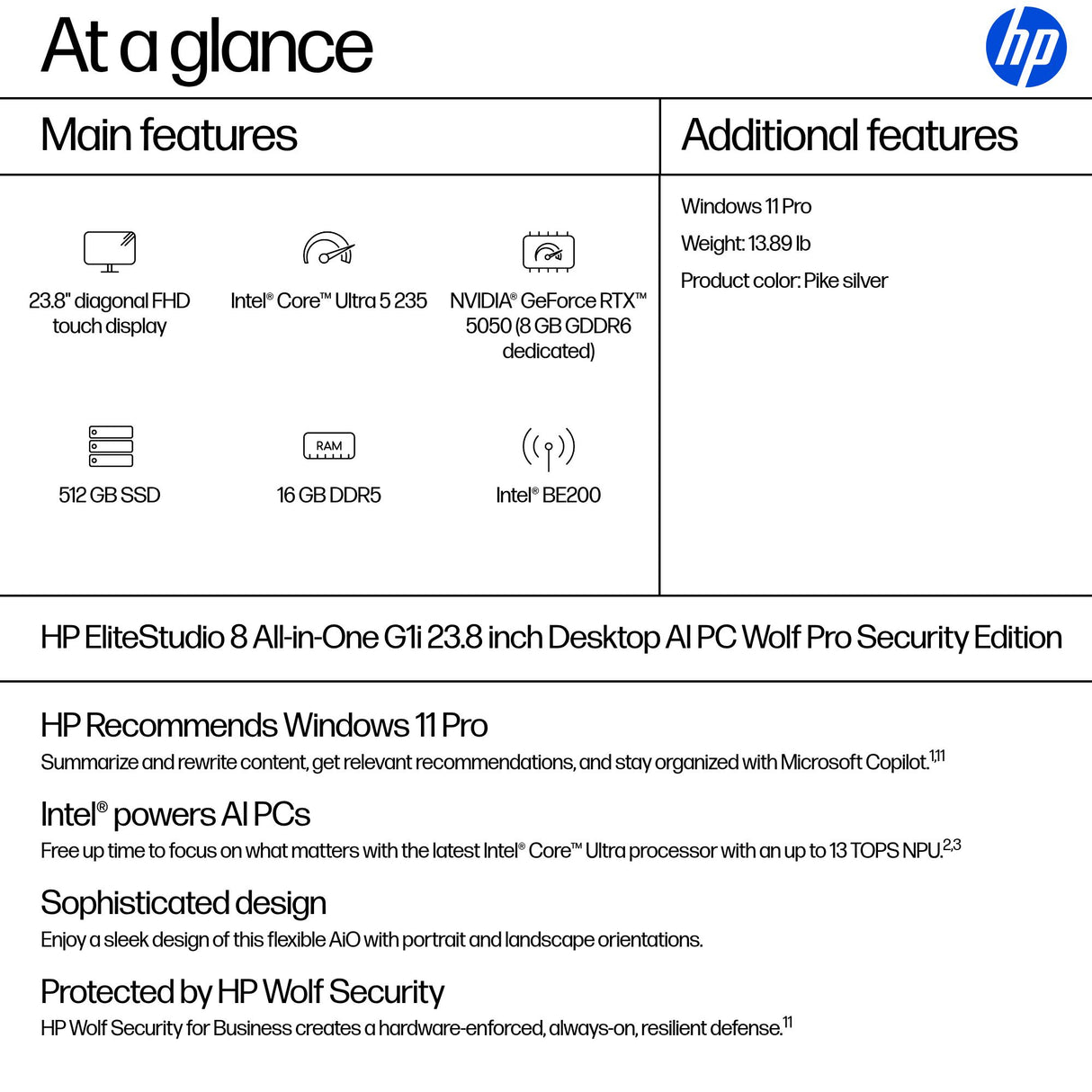 HP EliteStudio 8 All-in-One G1i AI PC Wolf Pro Security Edition Intel Core Ultra 5 235 60.5 cm (23.8") 1920 x 1080 pixels Touchscreen All-in-One PC 16 GB DDR5-SDRAM 512 GB SSD Windows 11 Pro Wi-Fi 7 (802.11be) Silver