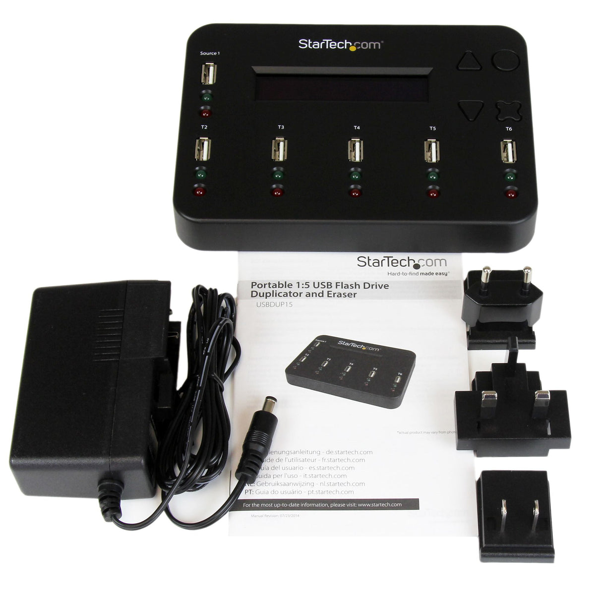 StarTech.com Standalone 1 to 5 USB Thumb Drive Duplicator and Eraser, Multiple USB Flash Drive Copier, System and File and Whole-Drive Copy at1.5 GB/min, Single and 3-Pass Erase, LCD Display - TAA