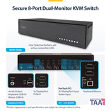 StarTech.com Secure 8-Port Dual-Monitor KVM Switch, DisplayPort, 4K 60Hz, NIAP 4.0 Desktop KVM, Metal Housing, Made in the USA