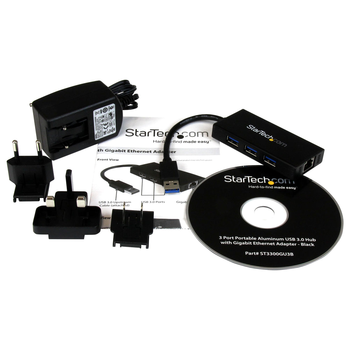 StarTech.com 3-Port Portable USB 3.0 Hub plus Gigabit Ethernet - 5Gbps - Aluminum with Built-in Cable - TAA