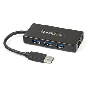 StarTech.com 3-Port Portable USB 3.0 Hub plus Gigabit Ethernet - 5Gbps - Aluminum with Built-in Cable - TAA