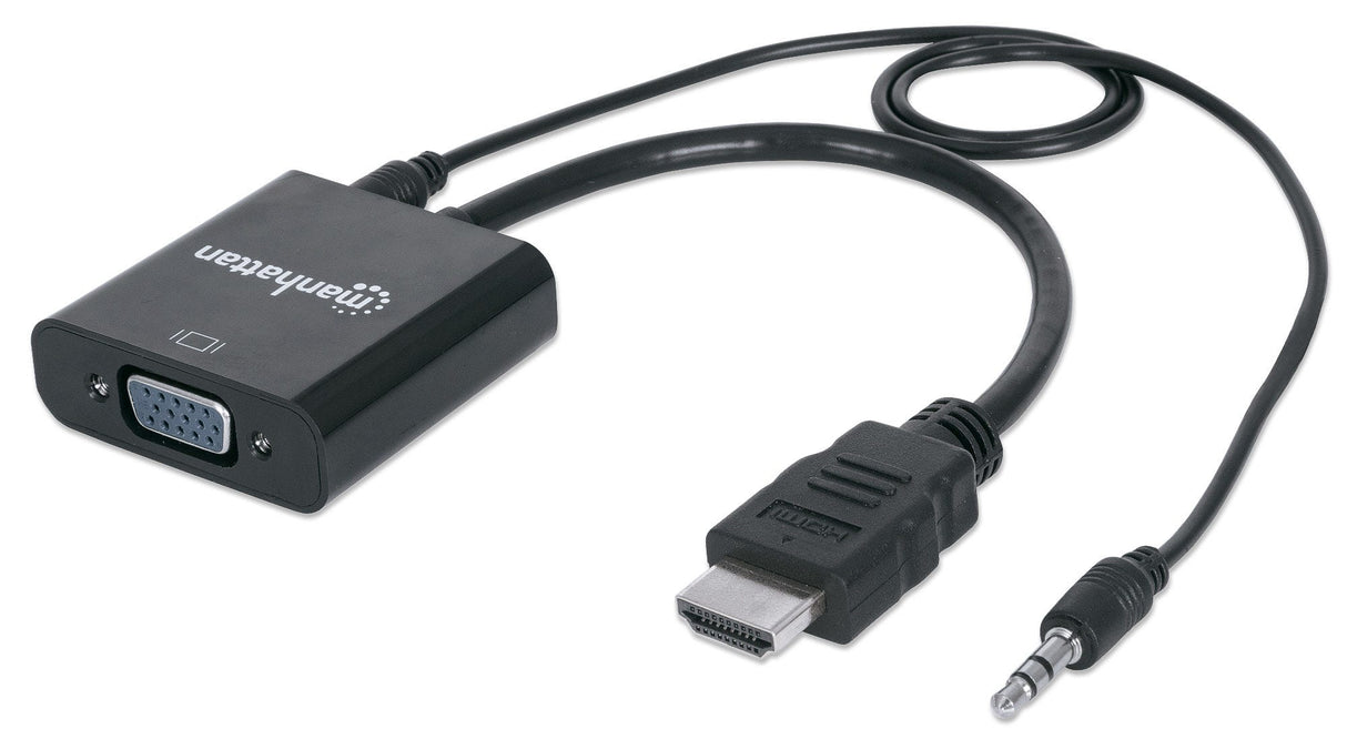 Manhattan HDMI to VGA (with Audio) Converter cable, 1080p, 30cm, Male to Female, Micro-USB Power Input Port for additional power if needed, Black, Three Year Warranty