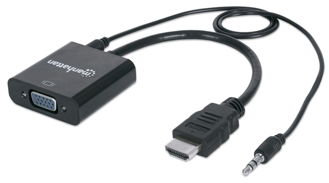 Manhattan HDMI to VGA (with Audio) Converter cable, 1080p, 30cm, Male to Female, Micro-USB Power Input Port for additional power if needed, Black, Three Year Warranty