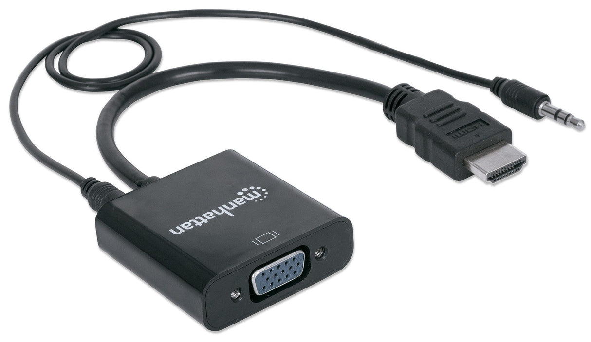 Manhattan HDMI to VGA (with Audio) Converter cable, 1080p, 30cm, Male to Female, Micro-USB Power Input Port for additional power if needed, Black, Three Year Warranty