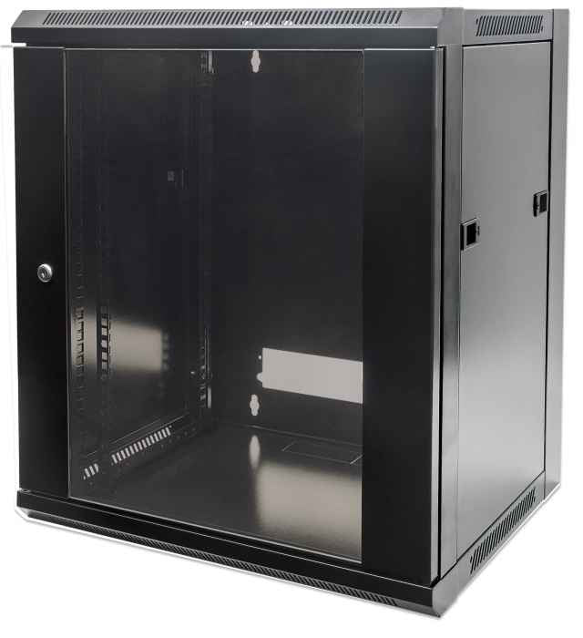 Intellinet 19" Network Cabinet - Wall Mount (Standard), 6U, 450mm Deep, Black, Flatpack, Max 60kg, Suitable also for use on desk or floor, Usable Depth 270mm to 350mm, Metal & Glass Door, Back Panel, Removeable Sides,Parts for wall installation not...