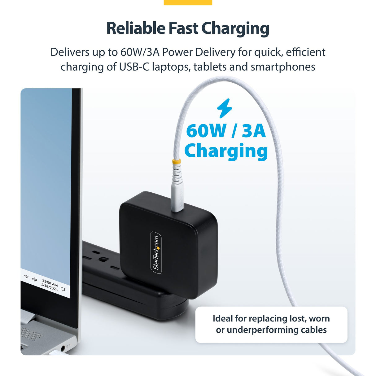 StarTech.com 3ft (91cm) White USB-C Charging Cable, 60W (3A) PD, Dual-Layer Braided Nylon/TPE Jacket, Rugged USB C Charging Cord, USB 2.0 Laptop Charger Cable