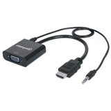 Manhattan HDMI to VGA (with Audio) Converter cable, 1080p, 30cm, Male to Female, Micro-USB Power Input Port for additional power if needed, Black, Three Year Warranty