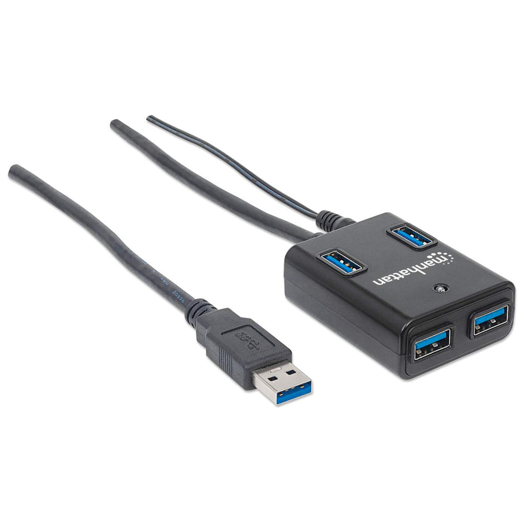 Manhattan USB-A 4-Port Hub, 4x USB-A Ports, 5 Gbps (USB 3.2 Gen1 aka USB 3.0), AC or Bus Power, Fast charge up to 0.9A per port with inc power adapter, SuperSpeed USB, Black, Three Year Warranty